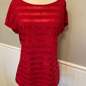 NWOT LOFT Red Striped Sequin Tee